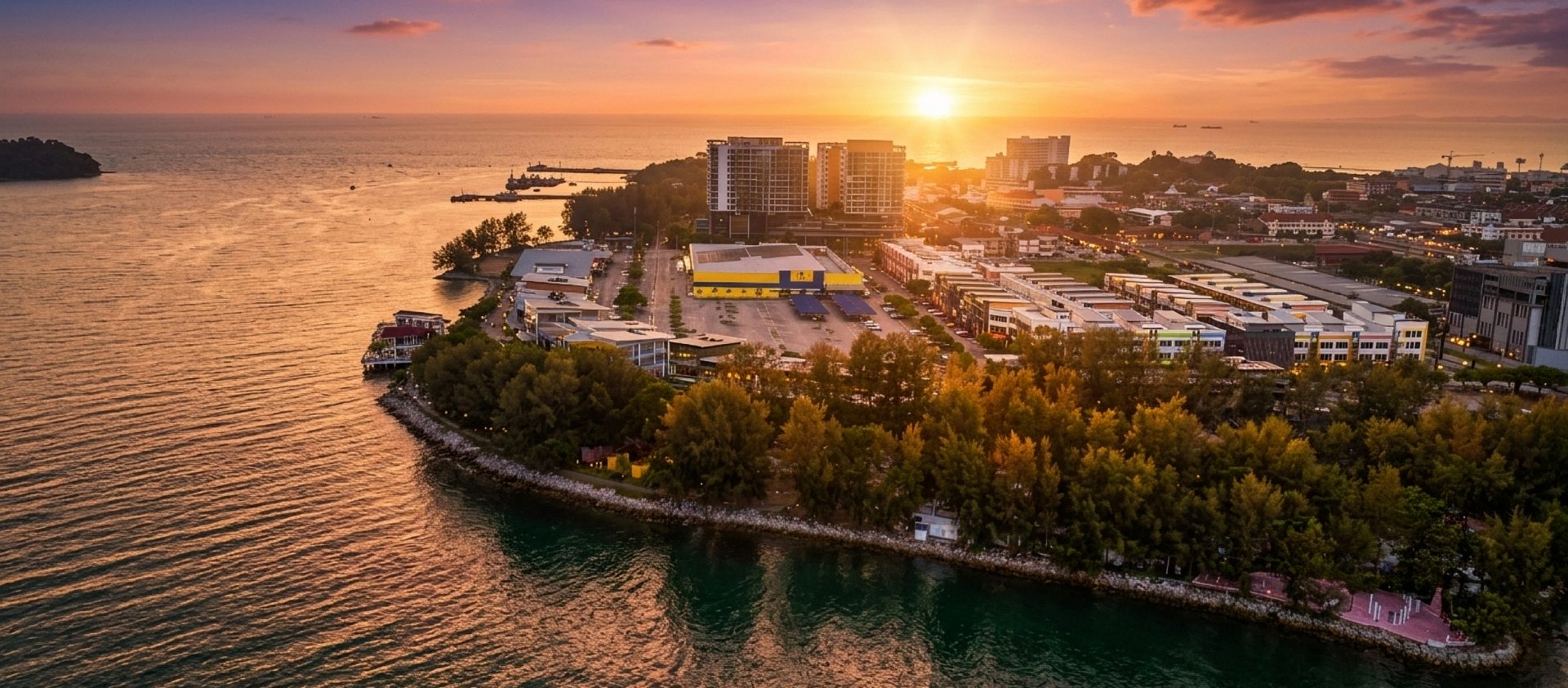 Aerial view of PD Waterfront Port Dickson at sunset